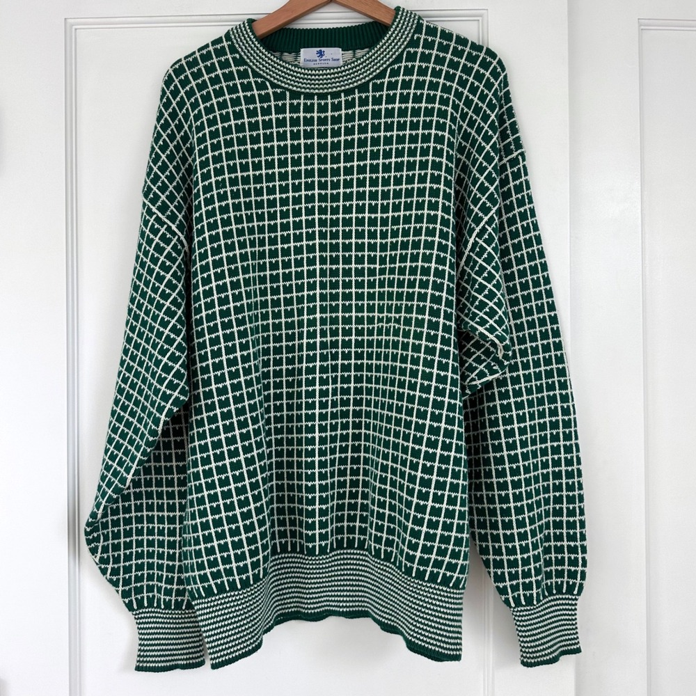 Vintage 90s English Sports Shop Bermuda Green Grid Knit Sweater Cotton Mens L